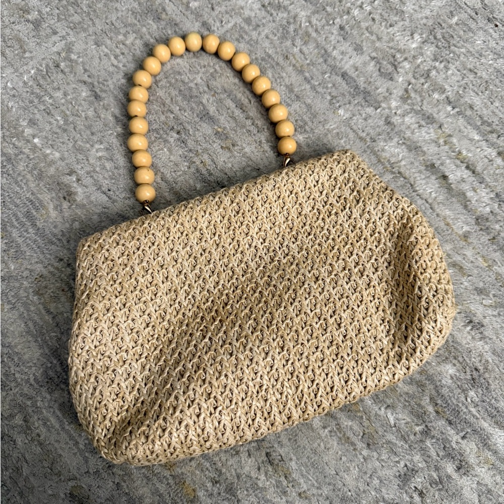 Beaded Handle Straw Clutch Bag – Natural Woven Evening Purse